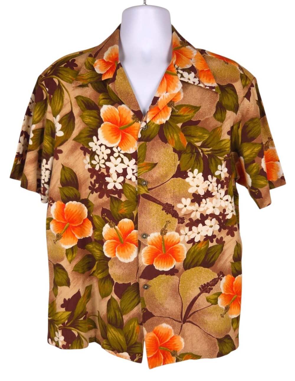 Vintage 70s Ui-Maikai Hibiscus Hawaiian Shirt US L Mens Brown Multi